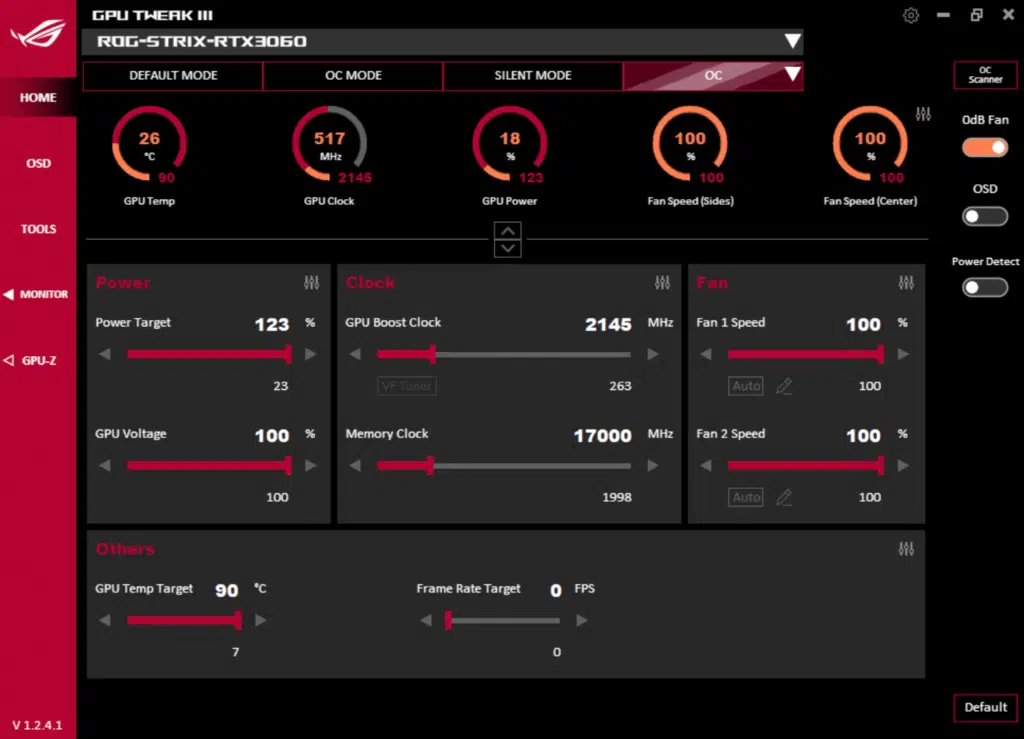 ASUS ROG STRIX GeForce RTX 3060 OC Edition ASUS GPU Tweak III Highest Stable Overclock