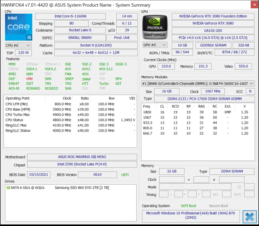 Intel Core i5-11600K CPU HWiNFO64