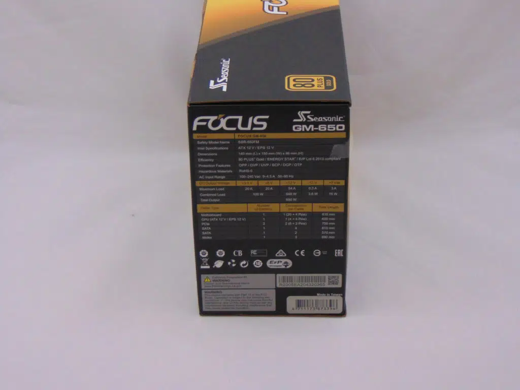 Seasonic FOCUS GM-650 650W Power Supply side of box
