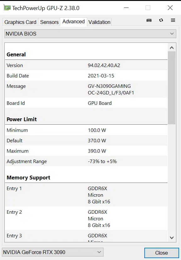 GIGABYTE GeForce RTX 3090 GAMING OC GPUz Advanced BIOS Information