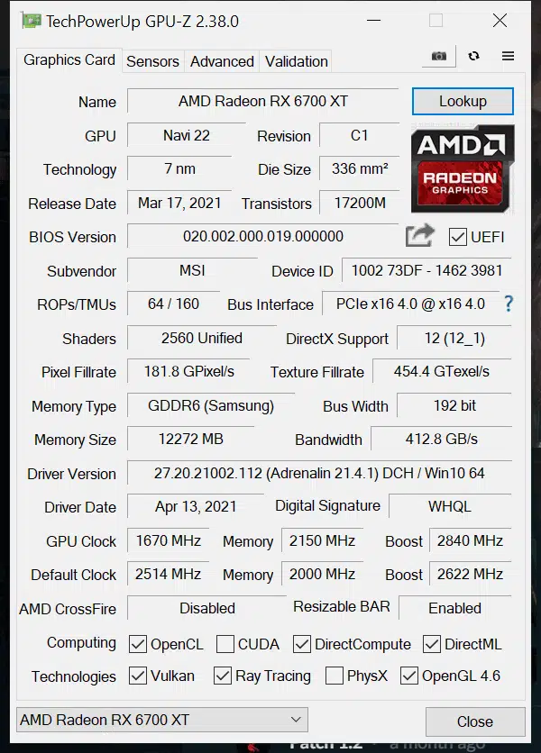 MSI Radeon RX 6700 XT GAMING X GPUz Overclocked