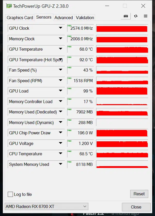 MSI Radeon RX 6700 XT GAMING X GPUz Sensor Data