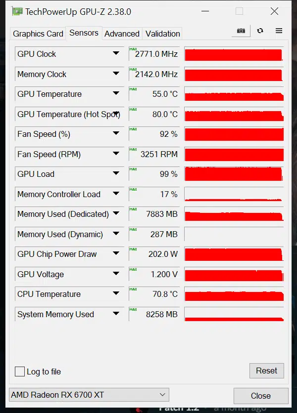 MSI Radeon RX 6700 XT GAMING X GPUz Sensor Data Overclocked
