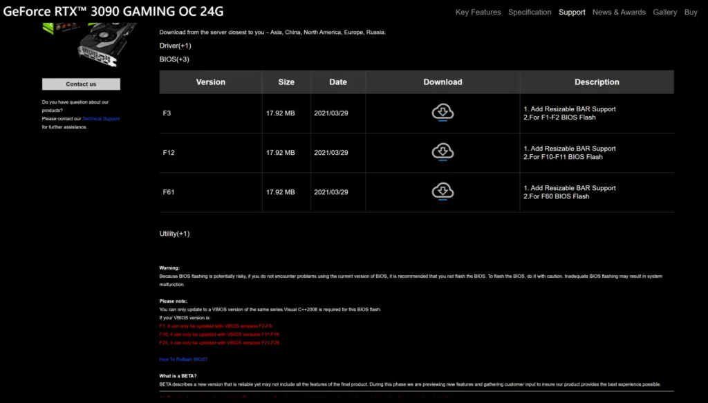 GIGABYTE GeForce RTX 3090 GAMING OC Webpage BIOS Versions