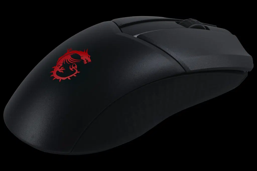 The rear-right view of the GM41 with the RGB MYSTIC LIGHT set to MSI red
