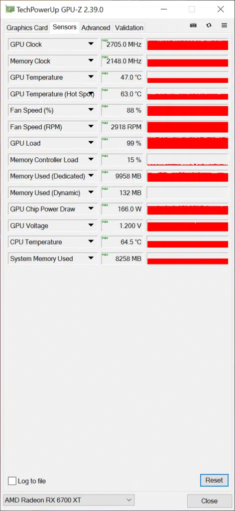ASUS TUF Gaming Radeon RX 6700 XT OC Edition overclocked gpuz sensor data