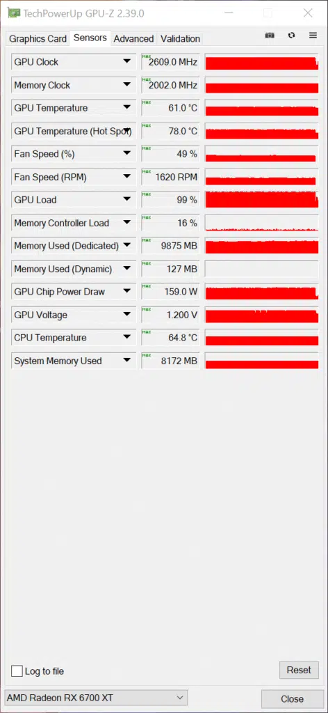 ASUS TUF Gaming Radeon RX 6700 XT OC Edition default gpuz sensor data