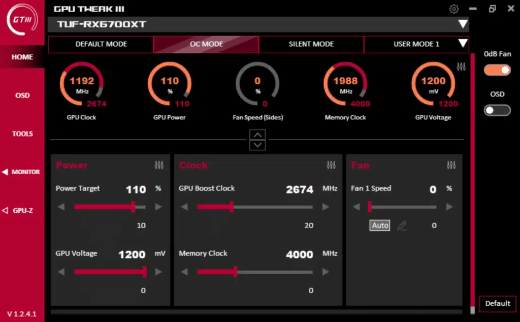 ASUS TUF Gaming Radeon™ RX 6700 XT OC Edition - ASUS GPU Tweak III Stock