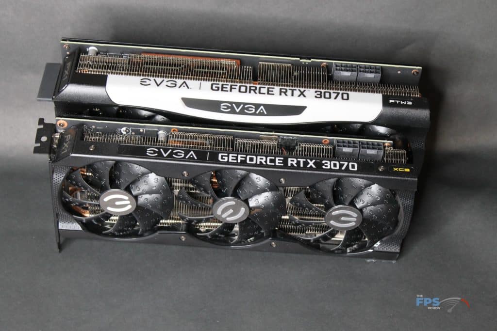 EVGA GeForce RTX 3070 XC3 ULTRA GAMING compard to the EVGA GeForce RTX 3070 FTW3 GAMING ULTRA overhead view