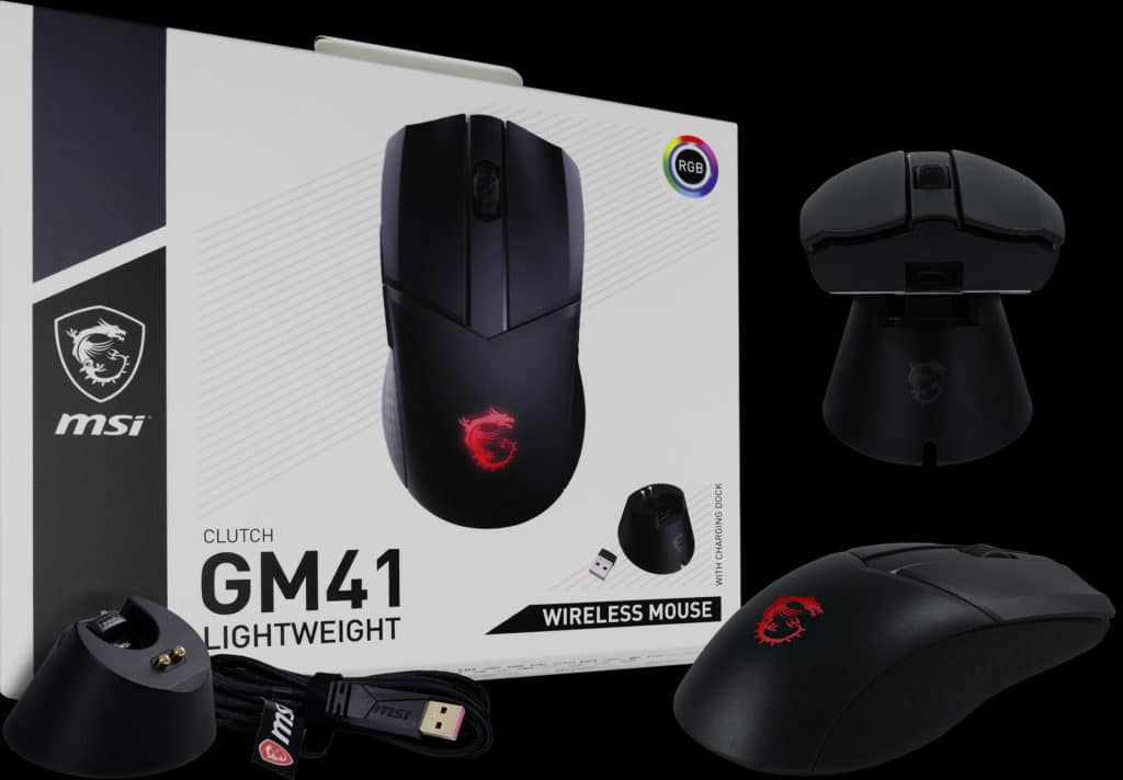 MSI CLUTCH GM41 LIGHTWEIGHT WIRELESS Box, Mouse on Base Station, Rear Right Quarter Shot