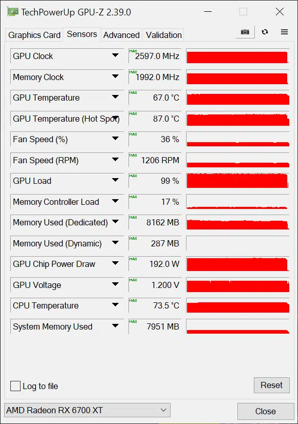 XFX SPEEDSTER MERC 319 BLACK AMD Radeon RX 6700 XT default gpu frequency gpuz sensor data