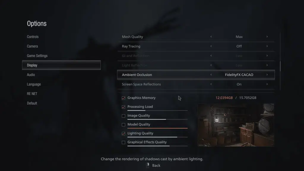 Resident Evil Village AMD FidelityFX CACAO Ambient Occlusion Graphics Settings