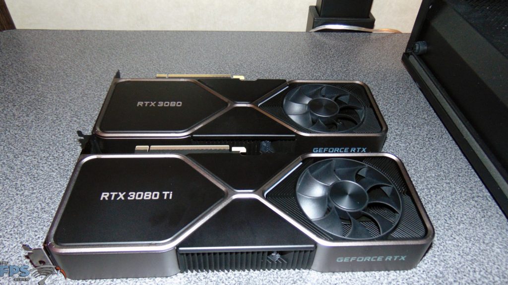 NVIDIA GeForce RTX 3080 Ti Founders Edition and GeForce RTX 3080 Founders Edition side by side label side up