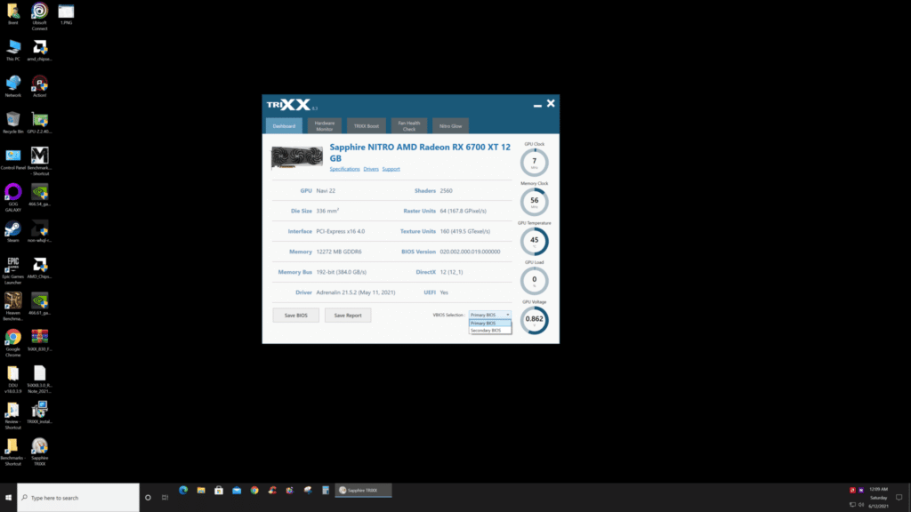 SAPPHIRE TriXX Software Screenshot VBIOS Selection