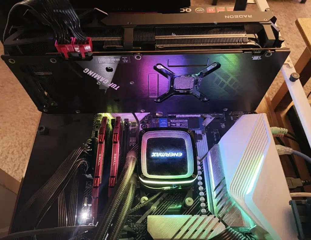 ASUS TUF Gaming Radeon™ RX 6700 XT OC Edition Backplate whiile on the bench