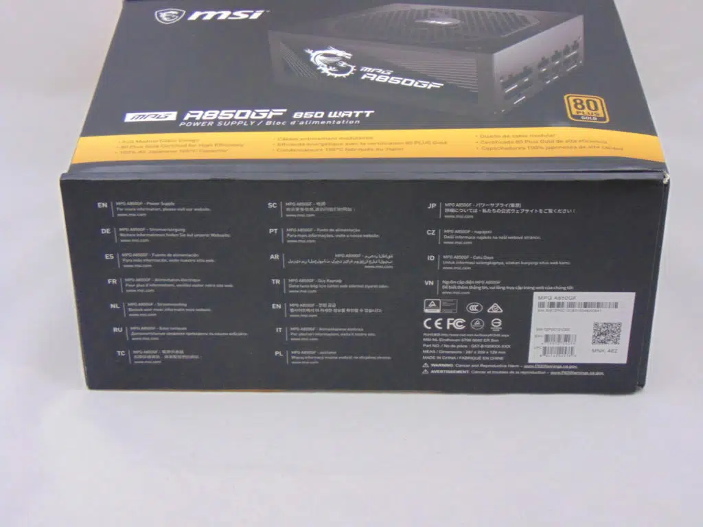 MSI A850GF 850W Power Supply box bottom