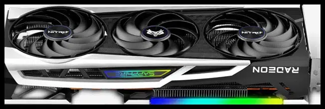 SAPPHIRE NITRO+ Radeon RX 6700 XT GAMING OC laying on back showing RGB on white background
