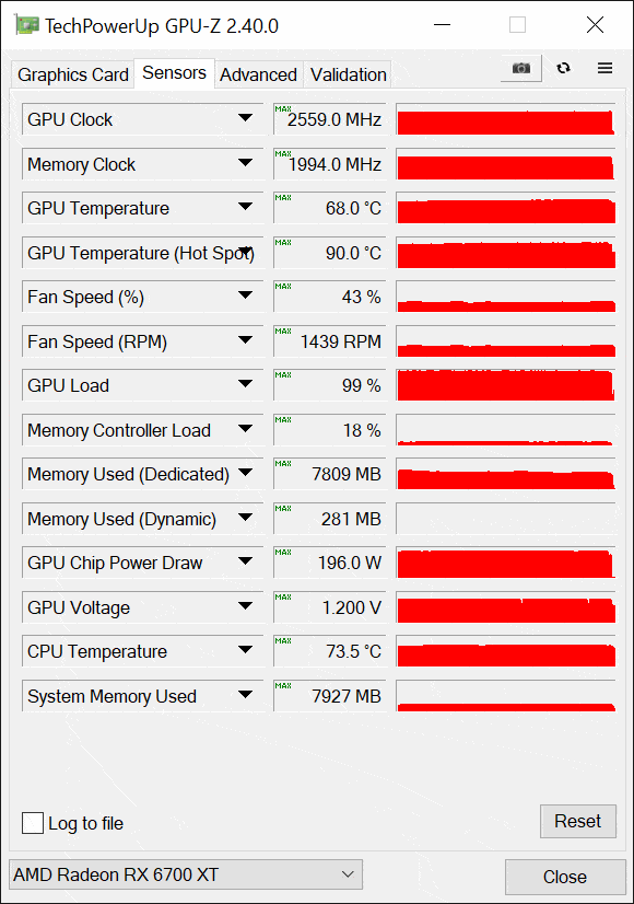SAPPHIRE NITRO+ Radeon RX 6700 XT GAMING OC default gpuz sensor data