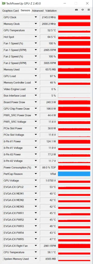 EVGA RTX 3070 FTW ULTRA GAMING overclocked GPUz sensor measurements
