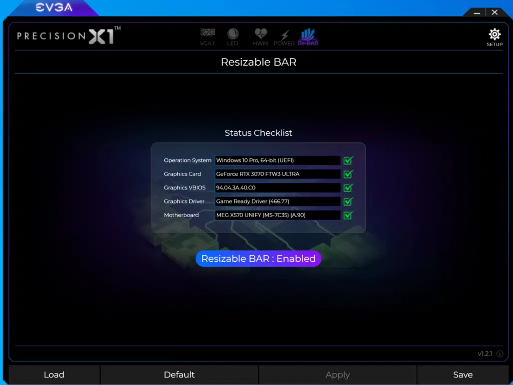 EVGA RTX 3070 FTW ULTRA GAMING with EVGA Precision X1 Resizable BAR configuration