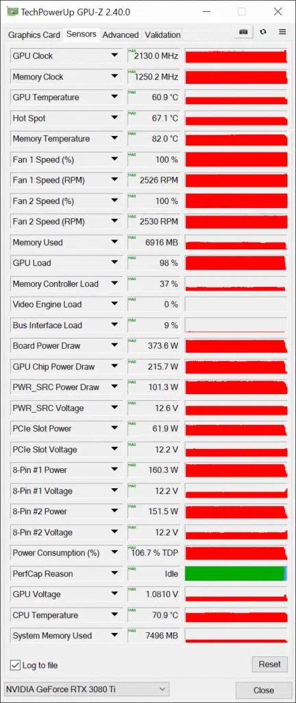 GIGABYTE GeForce RTX 3080 Ti EAGLE 12G Video Card overclocked gpu-z full load sensor data
