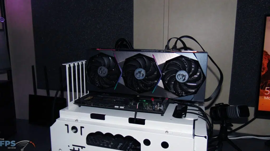 MSI GeForce RTX 3070 Ti SUPRIM X 8G Video Card Installed in Computer Standing Up Right