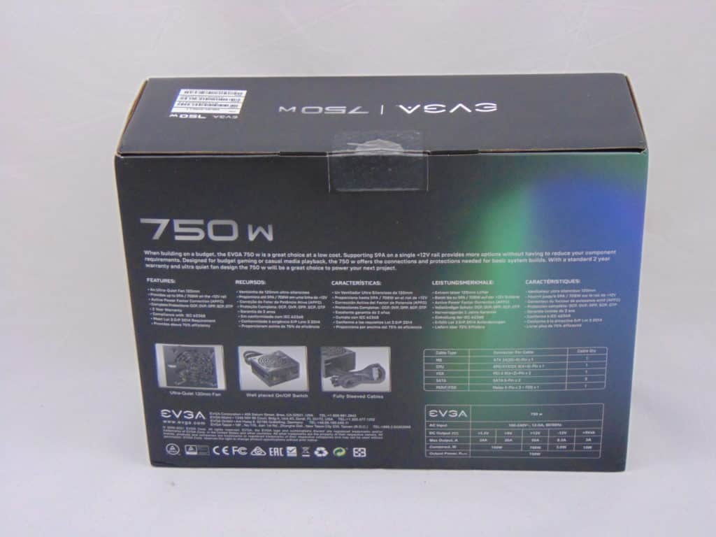 EVGA N1 750W Power Supply Box Back