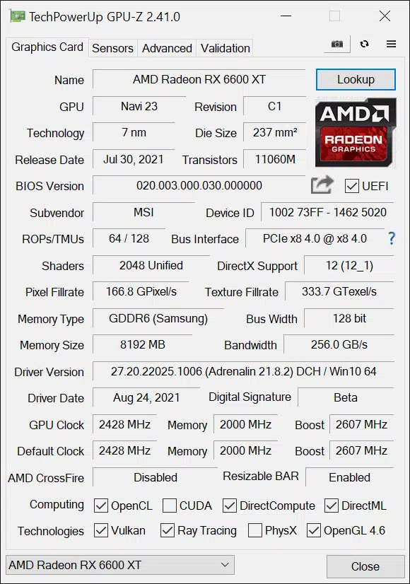 MSI Radeon RX 6600 XT GAMING X Video Card GPU-Z