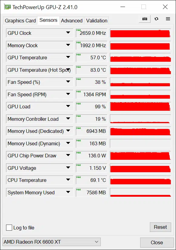 MSI Radeon RX 6600 XT GAMING X Video Card GPU-Z Sensors Data