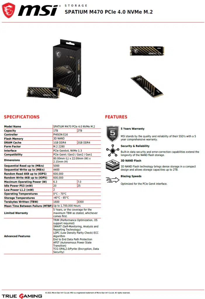 MSI SPATIUM M470 1TB PCIe 4.0 Gen4 NVMe SSD Datasheet