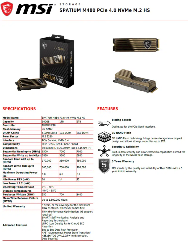MSI SPATIUM M480 2TB HS PCIe 4.0 Gen4 NVMe SSD Datasheet