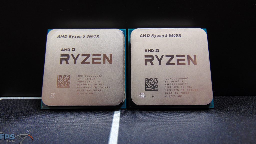 Closeup of AMD Ryzen 5 3600X and AMD Ryzen 5 5600X CPUs side by side