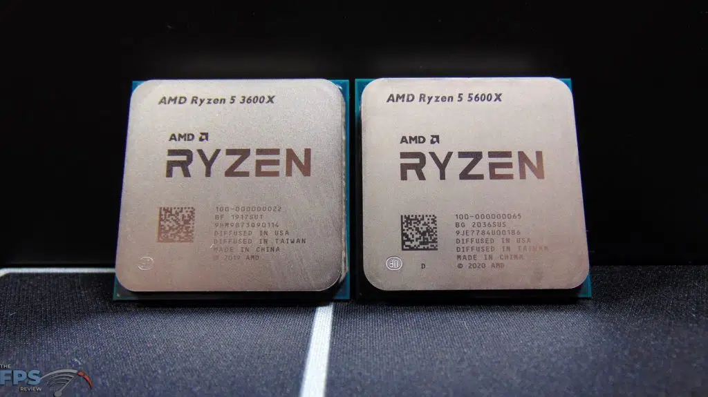 Closeup of AMD Ryzen 5 3600X and AMD Ryzen 5 5600X CPUs side by side