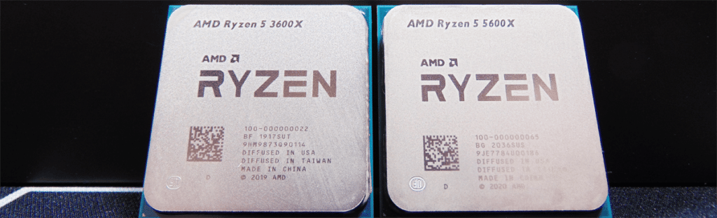 AMD Ryzen 5 3600X CPU and AMD Ryzen 5 5600X CPU side by side angled