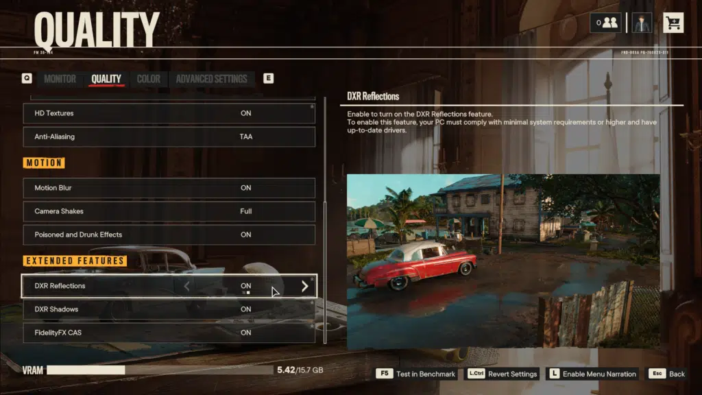 Far Cry 6 DXR Reflections Graphics Menu