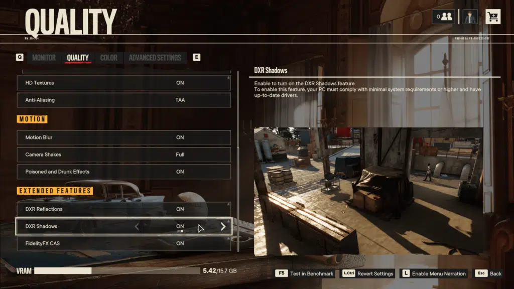 Far Cry 6 DXR Shadows Graphics Menu
