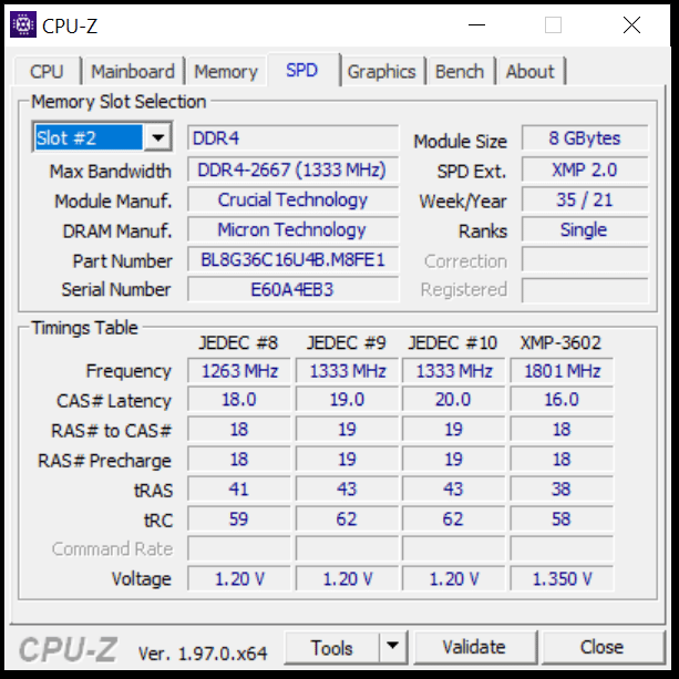 Crucial Ballistix DDR4-3600 CL16 16GB RAM Kit CPUz Memory Information