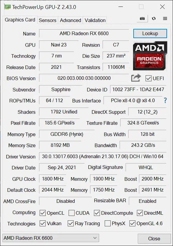 SAPPHIRE PULSE Radeon RX 6600 GAMING Video Card GPUz Overclocked