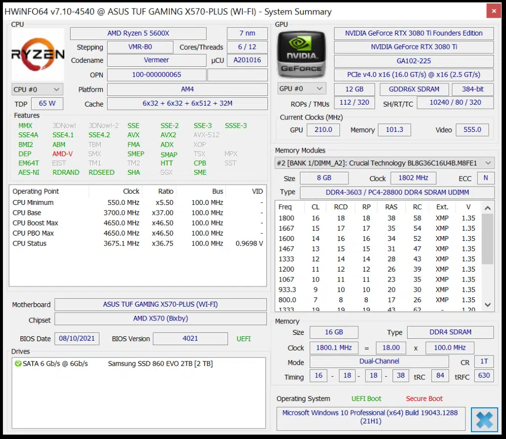 Crucial Ballistix DDR4-3600 CL16 16GB RAM Kit HWiNFO64 D.O.C.P. Setting