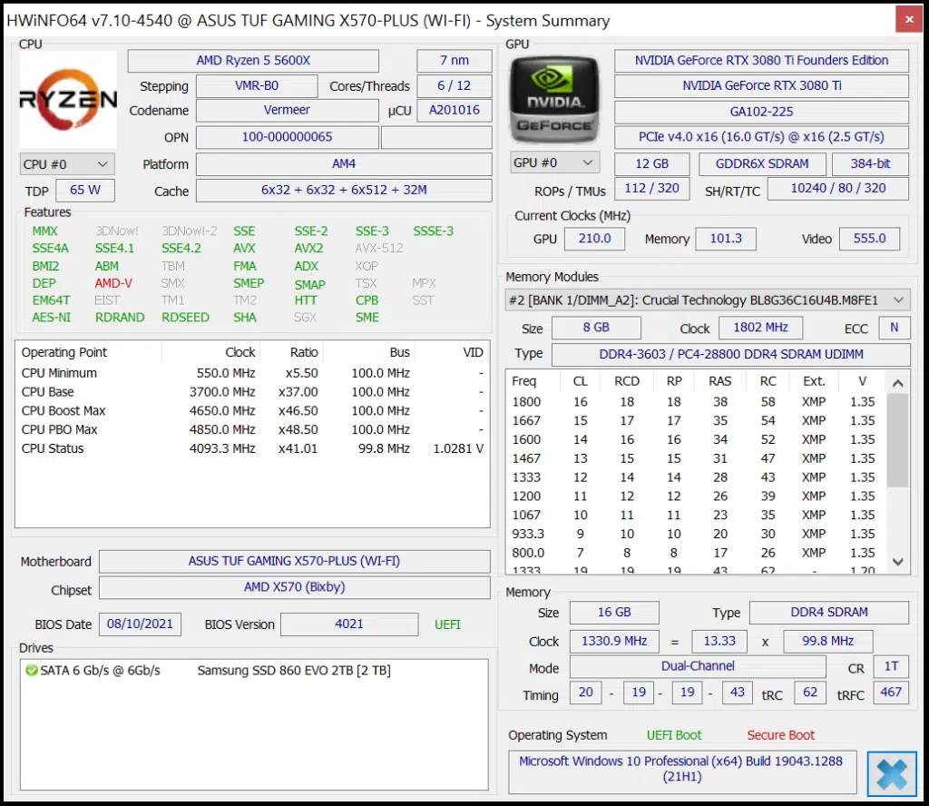 Crucial Ballistix DDR4-3600 CL16 16GB RAM Kit HWiNFO64 Information