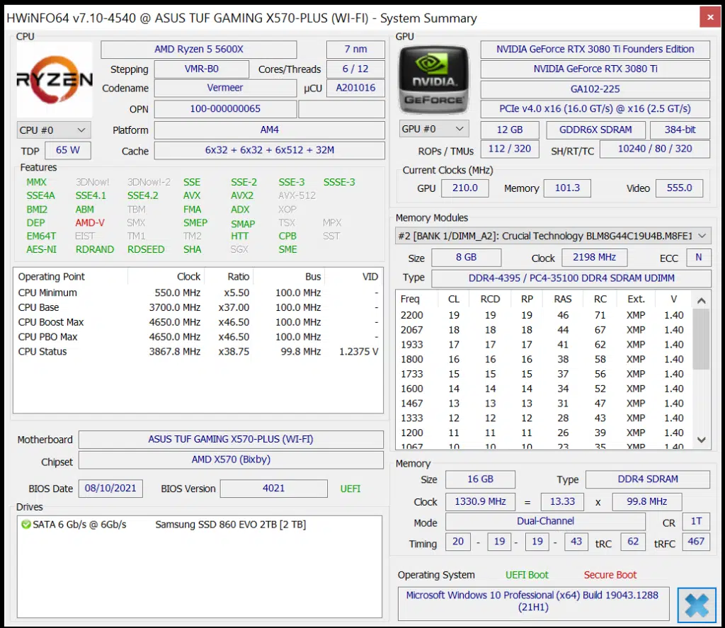 Crucial Ballistix MAX DDR4-4400 CL19 16GB RAM Kit HWiNFO64 Default