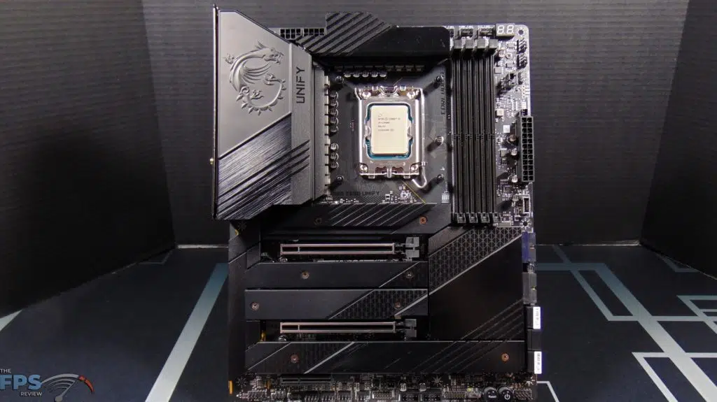 MSI MEG Z690 Unify Motherboard front view with Alder Lake CPU installed