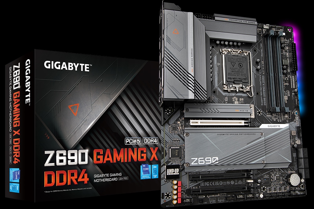 GIGABYTE Z690 GAMING X DDR4 motherboard and box on black background