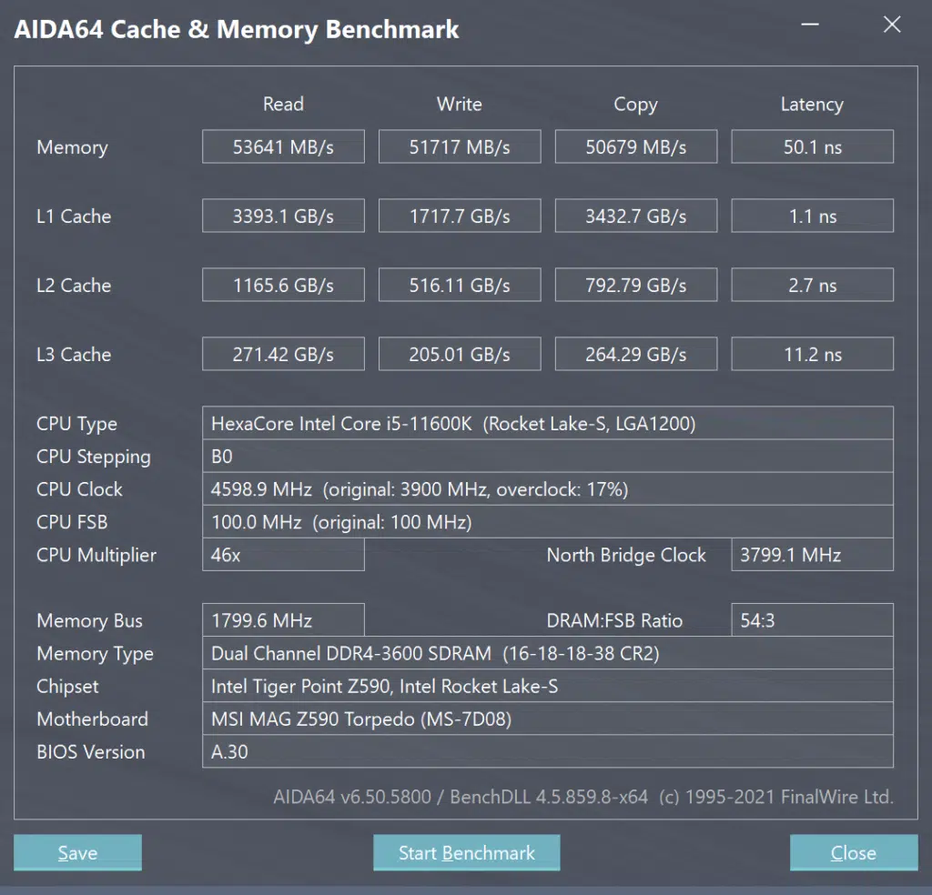 Intel Core i5-11600K AIDA64 Cache & Memory Benchmark