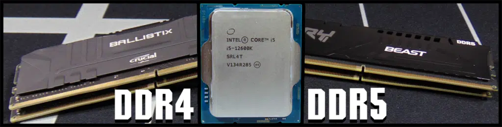 Crucial Ballistix DDR4 RAM next to Kingston Fury Beast DDR5 RAM with Intel Core i5-12600K CPU in the middle