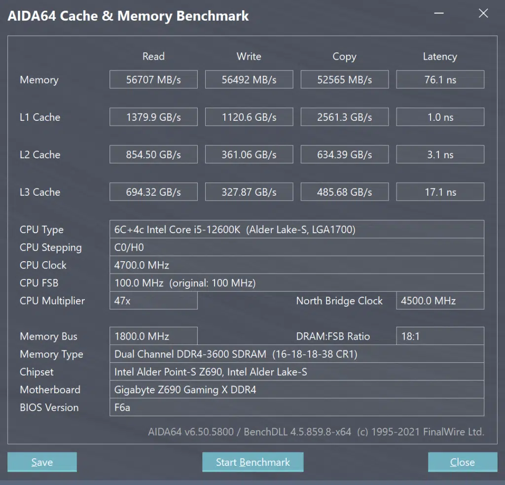 Intel Core i5-12600K DDR4 Alder Lake AIDA64 Cache & Memory Benchmark