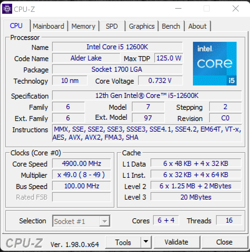 Intel Core i5-12600K CPUz