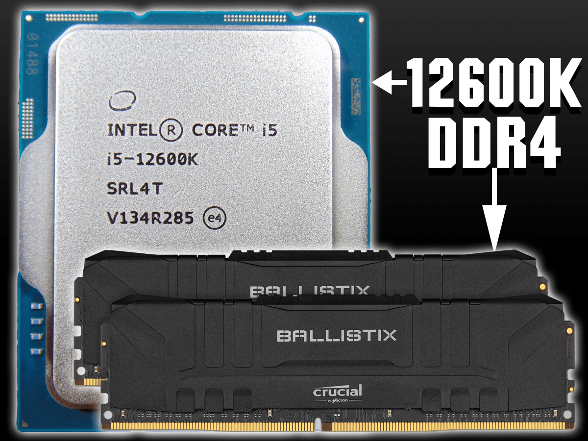 Intel Core i5-12600K CPU behind CRUCIAL BALLISTIX DDR4 RAM on Black Background