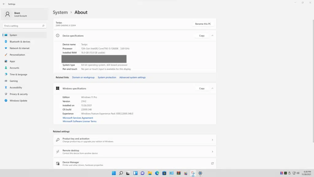 Windows 11 System Information Intel Core i5-12600K