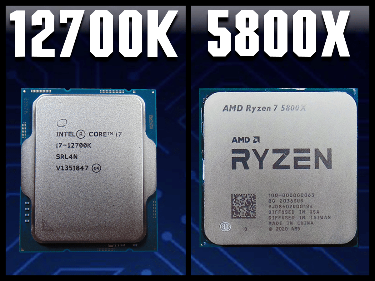 Intel Core i7-12700K CPU next to AMD Ryzen 7 5800X CPU with 12700K and 5800X white text